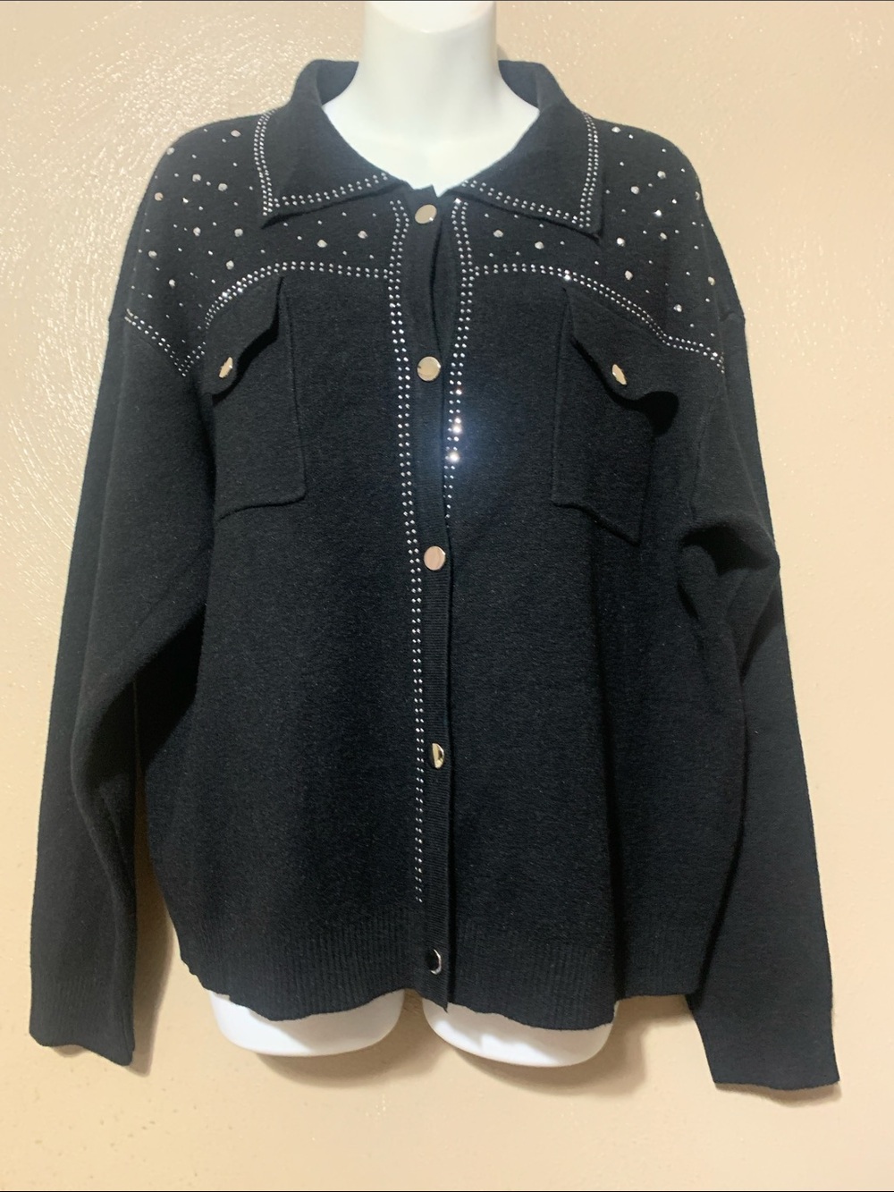 On Twelfth size 2X  Black Stud-Embellished Knit Jacket Cardigan- Pockets